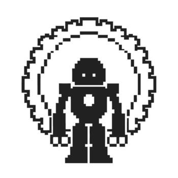 píxel Arte robot figura con circular engranaje antecedentes negro y blanco retro digital diseño, futurista artificial inteligencia icono vector