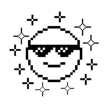 Pixelated smiling sun wearing sunglasses, surrounded by sparkles retro 8 bit style, cheerful summer, digital expression vector