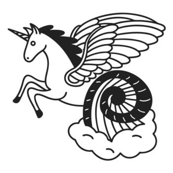 Winged unicorn with spiral shell tail and cloud fantasy myth creature, imaginative magical animal, surreal line drawing vector