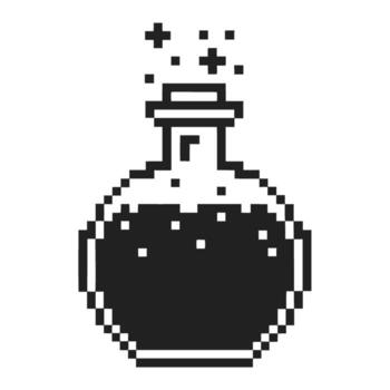 Pixel art magic potion bottle with bubbling liquid and sparkles, retro fantasy game alchemy icon isolated vector