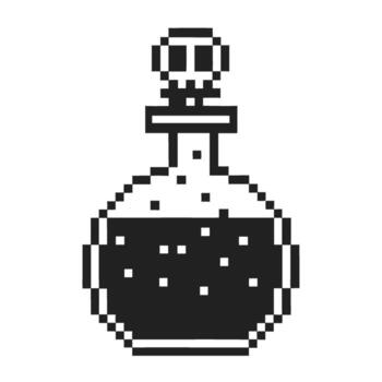 Retro pixel art potion bottle with cork top black and white elixir flask, vintage game alchemy icon design vector