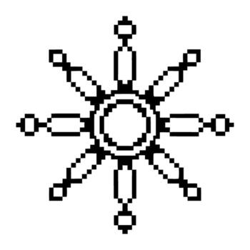 Black and white pixelated geometric sun with eight symmetrical rays and circular center, digital retro abstract design vector