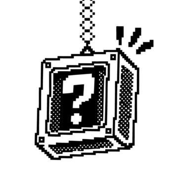 Pixel art mystery box hanging on chain monochrome digital illustration with question mark and retro exclamation marks vector