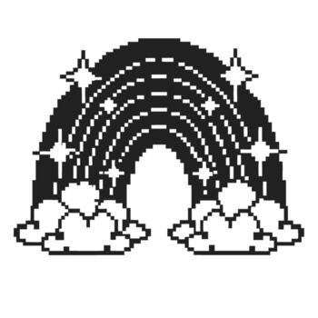 Pixel rainbow with clouds and stars retro 8 bit digital art, monochrome arch, sparkling fantasy, simple graphic vector