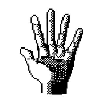 monocromo píxel Arte mano gesto con dedos elevado en blanco fondo, digital retro símbolo de comunicación vector