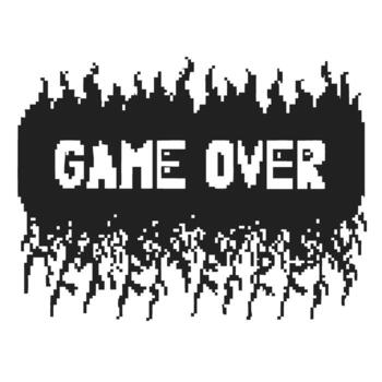 game over pixel art icon, retro arcade message in monochrome black and white, digital glitch, pixelated loss display vector
