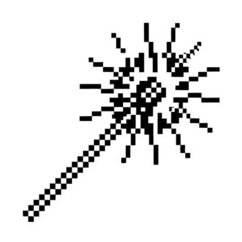 píxel magia varita mágica icono retro negro y blanco pixelado estilo, destellos y brillar 8 poco digital fantasía símbolo, aislado gráfico vector