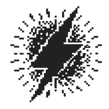 Pixelated black lightning bolt with dynamic rays, isolated on white retro 8 bit energy symbol, digital electricity icon vector