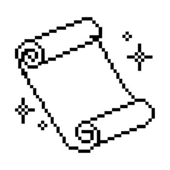 Pixel art magic scroll with sparkles digital retro fantasy parchment, blank wizard spell paper, enchanted ancient manuscript vector