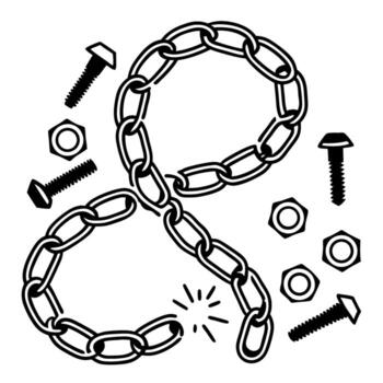 Broken metal chain in the shape of number eight with bolts and nuts concept of mechanical failure, repair, or strength vector