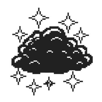 Pixelated black cloud with sparkling stars, retro 8 bit digital style, monochrome weather icon, nostalgic game graphics vector