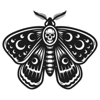 Moth with skull and crescent moon patterns on wings, black and white detailed symmetrical insect illustration art vector