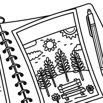 Hand drawn park scene in open notebook with pen, sun, trees, bench, and flowers for creative planning, journaling, and design vector