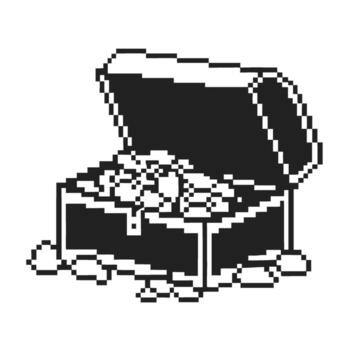 Open pixel treasure chest filled with sparkling coins and gems retro 8 bit black and white game loot concept vector