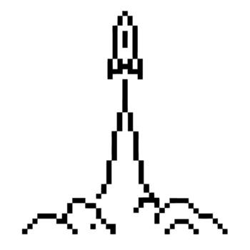 Pixel art rocket launching upward, trail of smoke, retro 8 bit spaceship isolated on white, minimalistic sci fi concept vector