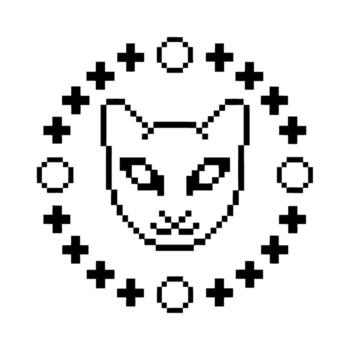 Pixel art cat face surrounded by geometric cross and circle pattern minimal monochrome digital feline icon, retro 8 bit design vector