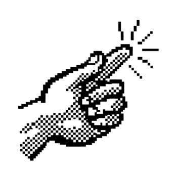 Pixel art hand snapping fingers retro black and white 8 bit icon, symbolizing quick action, alert or decision notice vector