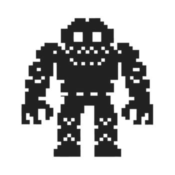 Pixel art monster character retro black 8 bit game enemy figure with square pattern, menacing smile, digital creature illustration vector