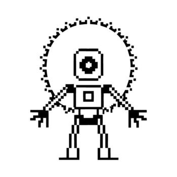 retro píxel robot con circular mecánico engranaje, robótico brazos extendido futurista tecnología, artificial inteligencia concepto vector