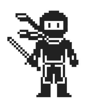 Retro pixel ninja character with sword and bandana, 8 bit arcade black and white game avatar vector