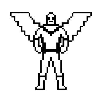 píxel superhéroe con grande alas en pie con confianza, mínimo negro y blanco 8 poco personaje, retro digital vector