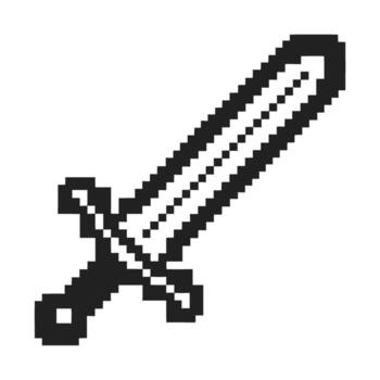 Pixel art sword icon retro pixelated weapon, black and white gaming object, simple medieval blade for game interface vector