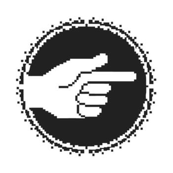 Pixelated hand icon pointing right inside circular frame retro digital design, minimal style, monochrome black and white vector
