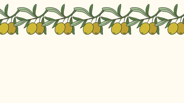 Horizontal banner with border of olive branches. Ripe olives on branch with leaves create a frame. Template with text, graphic vector