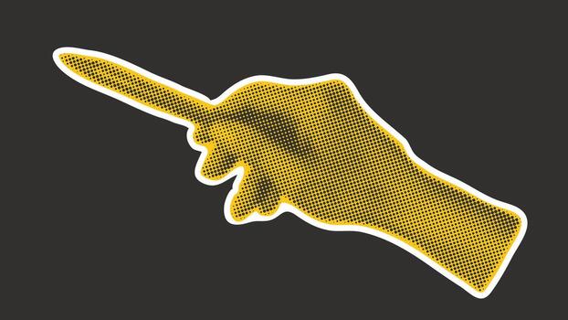 Female hand points with pen, retro halftone effect vector