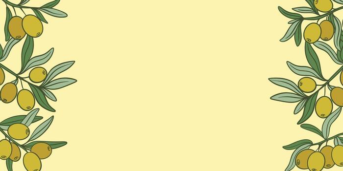 Extra virgin olive oil. Horizontal banner with a frame of olive branches. Ripe olives on branch with leaves create the frame. Template with text, graphics vector