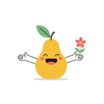A joyful pear character offering a delicate flower with open arms to express happiness and kindness. vector