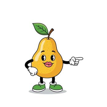 A cheerful cartoon pear character pointing to the right with a happy expression. vector