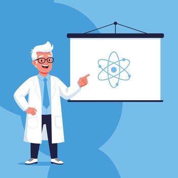 A scientist in a lab coat stands next to a whiteboard with an atom illustration. vector