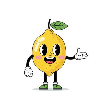 A cheerful cartoon lemon character with expressive eyes and a welcoming gesture. Its retro animation style adds a nostalgic charm. vector