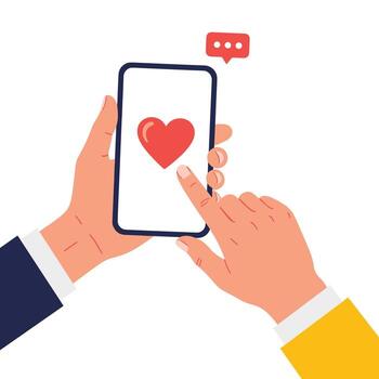 Hands holding a smartphone displaying a red heart symbol and a notification bubble. vector