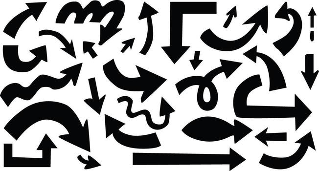Black arrow doodle set featuring bold, playful, curved, and abstract arrows. Perfect for infographics, presentations, web design, social media graphics, marketing, icons, UI elements 01 vector