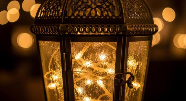 Illuminated Lantern with Bokeh Background and Twinkling String Lights Creating a Warm Ambiance photo