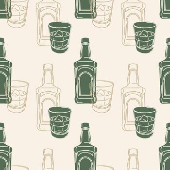 Seamless pattern of hand drawn whiskey bottles and glasses with ice cubes. Drink background. vector
