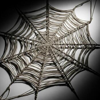 Woven Spiderweb against Concrete Wall in Shadowy Illumination photo