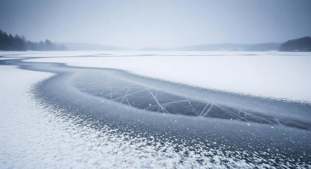 Frozen Lake Surface with Snow and Ice Texture and Forest Background in Overcast Weather photo