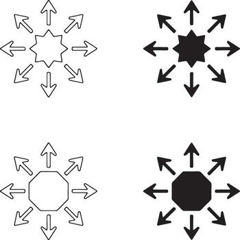 resumen íconos con central geométrico formas radiante flechas hacia fuera, simbolizando distribución, expansión, divergencia, desparramar, y multidireccional fluir. vector