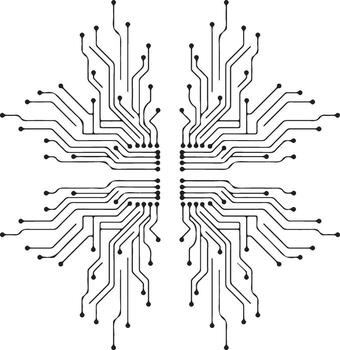 Intricate digital circuit board pattern, a symmetrical diagram of electronic connections and data flow, representing modern technology innovation. vector