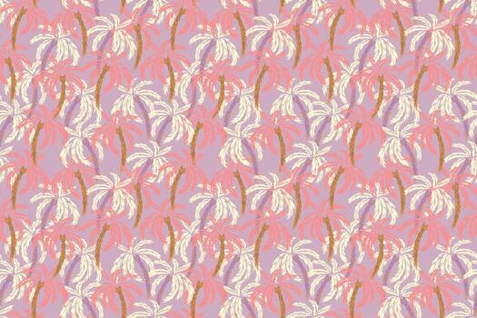 sin costura tropical modelo con elegante palma arboles en coral, crema, y lila tonos en un color de malva antecedentes. exótico y artístico diseño para verano textiles y huellas dactilares vector
