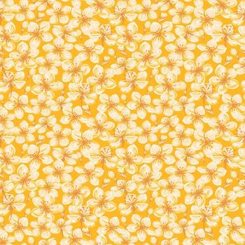 Seamless floral pattern with soft white blossoms and orange centers on a warm yellow background. Elegant spring botanical design for fabric, wrapping, and surface prints vector