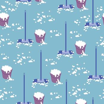 Seamless pattern with cleaning items on a blue background. Drawing for packaging, business cards and wallpapers with bright objects. Image of a bucket and brushes vector