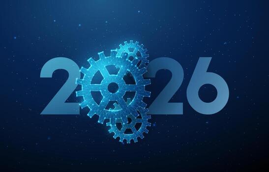 Happy New Year card with 2026 number with gears. Technology development, process optimization, industry progress, automation, productivity concept. vector