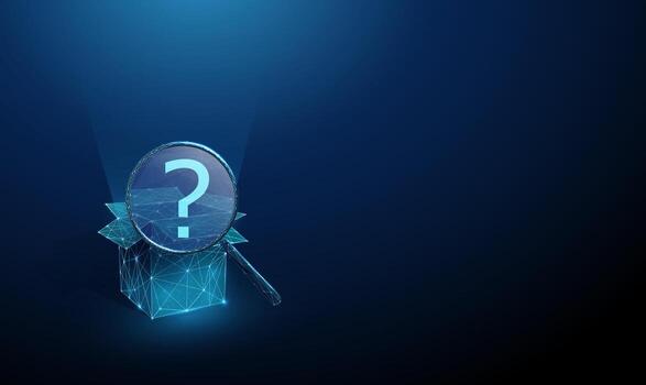 3d blue open box under a magnifying glass with a question mark inside. Exploration, idea discovery, analysis, unknown content, experimental approach concept. vector