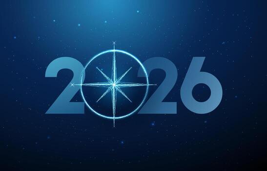 Happy New Year card with 2026 number and compass replacing zero. New year direction, goal setting, strategic planning, guidance, future vision concept vector