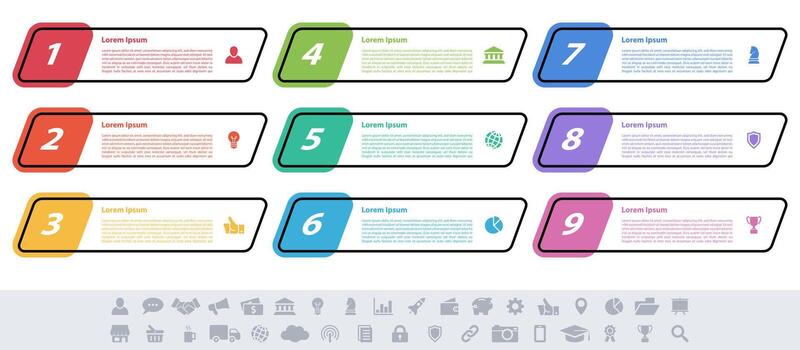 el nueve pasos infografía diseño con íconos y números vector