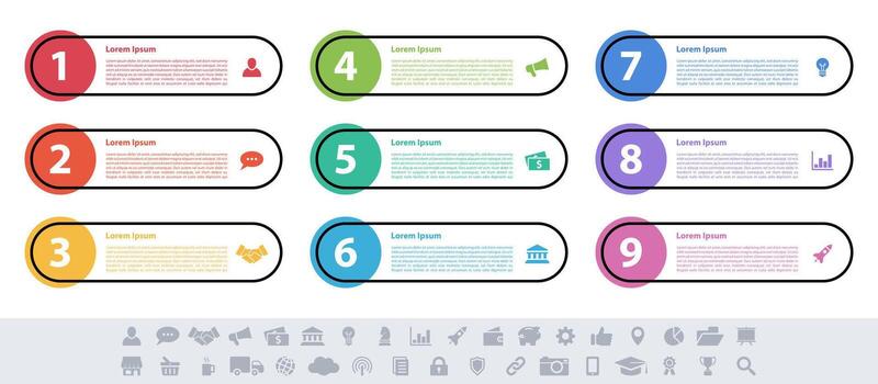 Set of nine steps infographic template with icons and numbers vector